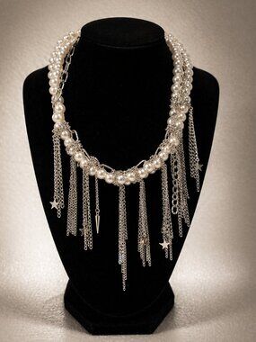 Pearl Chain Statement Necklace Silver Fringe Layered Chunky Charm Choker Luxury